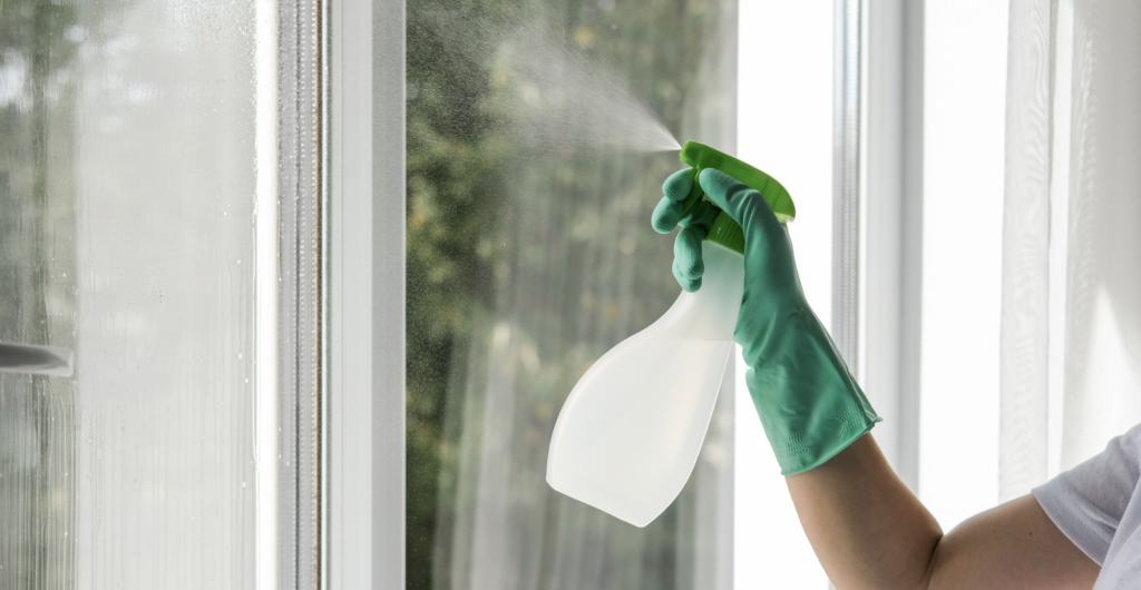 A person wearing a green glove uses a spray bottle to clean the window, ensuring the uPVC window frames look spotless and new.