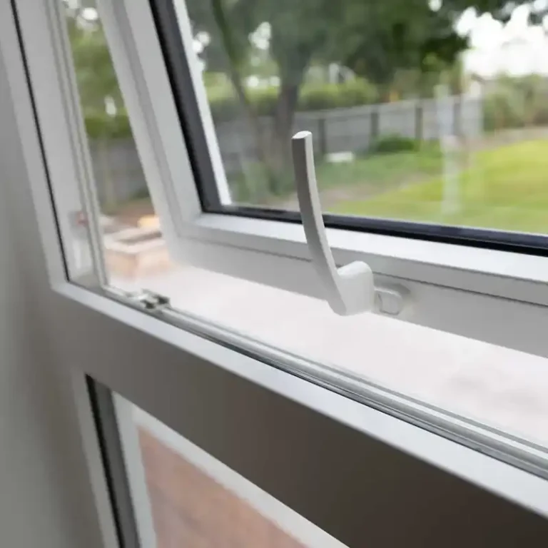 Interior view of NK awning window hardware and frame detail Christchurch renovation
