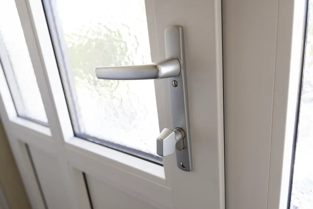 uPVC double glazed door handle with privacy lock and textured glass panel in Christchurch villa
